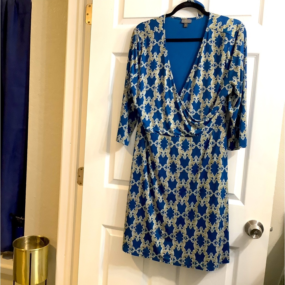 Teal and gold patterned midi wrap dress w/ sash